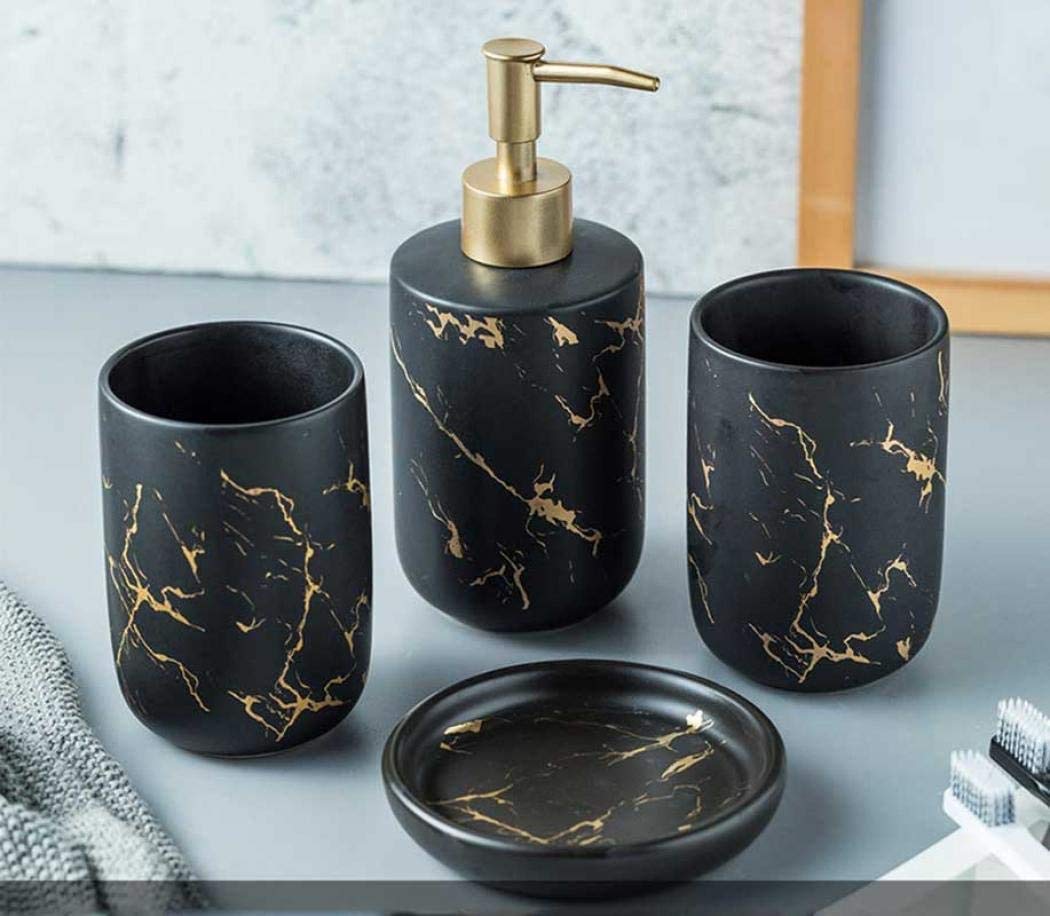 4-teiliges Keramik Bad-Zubehörset Marmor Optik Badaccessoires 300ml Seifenspender,Seifenschale, Zahnbürstenhalter/Zahnputzbecher Badezimmer Set (Schwarz)