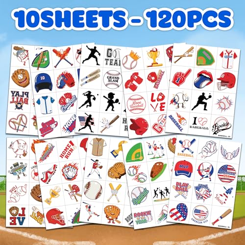 Image of 120 PCS Baseball Sports Pre-Cut Temporary Tattoos for Kids | | Super Cute Baseball Themed Birthday Party Favors, Supplies, Decorations, Fake Tattoo Stickers, Gifts for Boys Girls