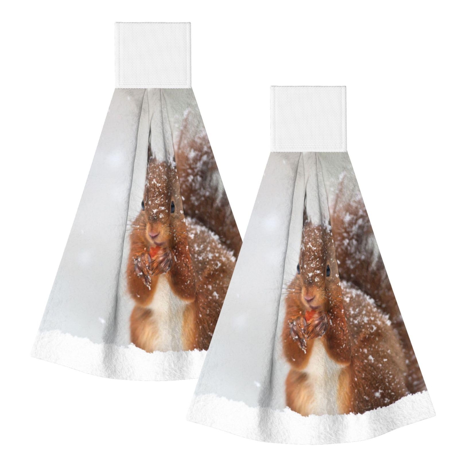 DOPKLNA Cute Squirrel In Snow Printed, 2 Pcs Hanging Coral Fiber Hand Towels for Bathroom, Absorbent Kitchen Towels