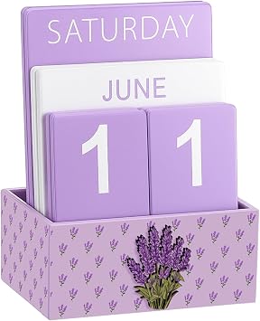 AceOrbit Purple Lavender Wood Block Perpetual Calendar Coquettish Desk Decor Cute Month Week Date Display Decorative Block Calendar for Women Office Home Desk Gift for Women