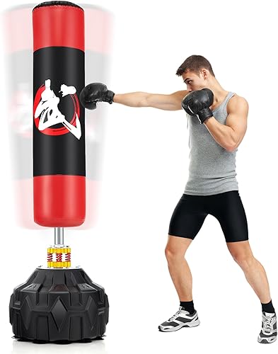 Goplus Saco de boxeo independiente, bolsa de boxeo pesada de 70 pulgadas con base rellenable, 12 ventosas, amortiguadores, bolsa de kickboxing con