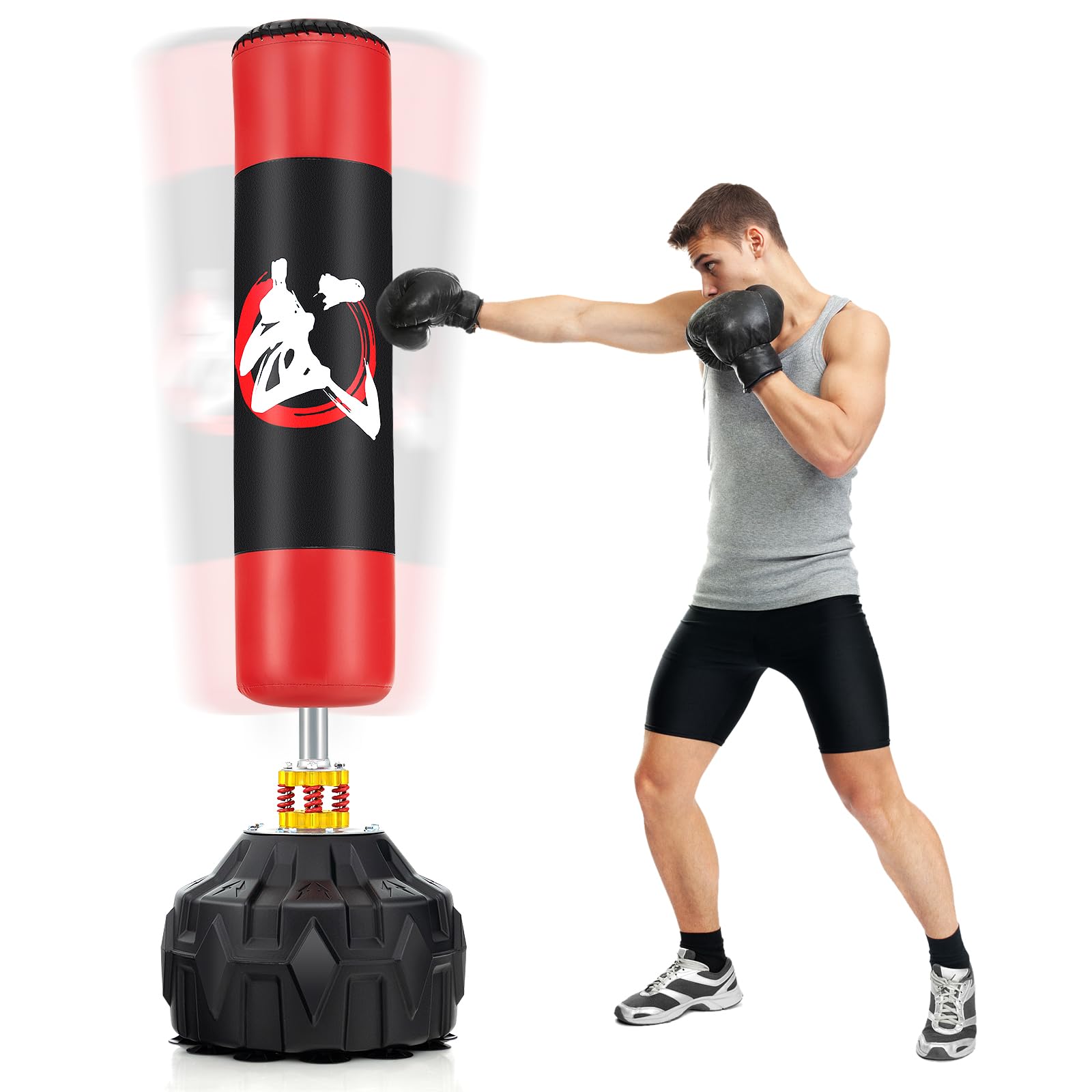 COSTWAY Sacco da Boxe da Terra, Pungiball Autoportante con Base Riempibile, 12 Ventose e Ammortizzatori per Adulti e Adolescenti, Punching Ball in Piedi per Allenamento in Casa e Ufficio