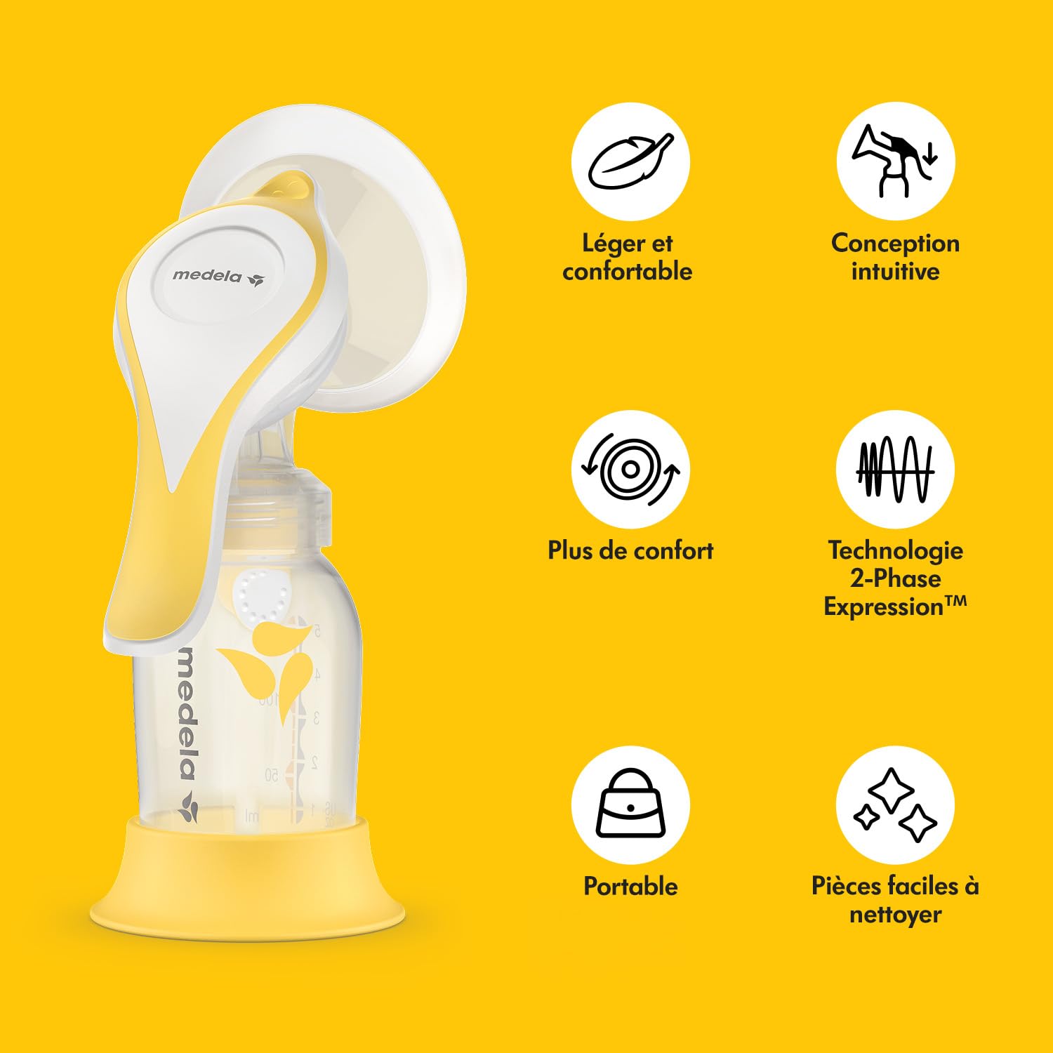 Medela tire-lait manuel Harmony, design Suisse compact avec protections PersonaFit Flex et technologie 2-Phase Expression Medela