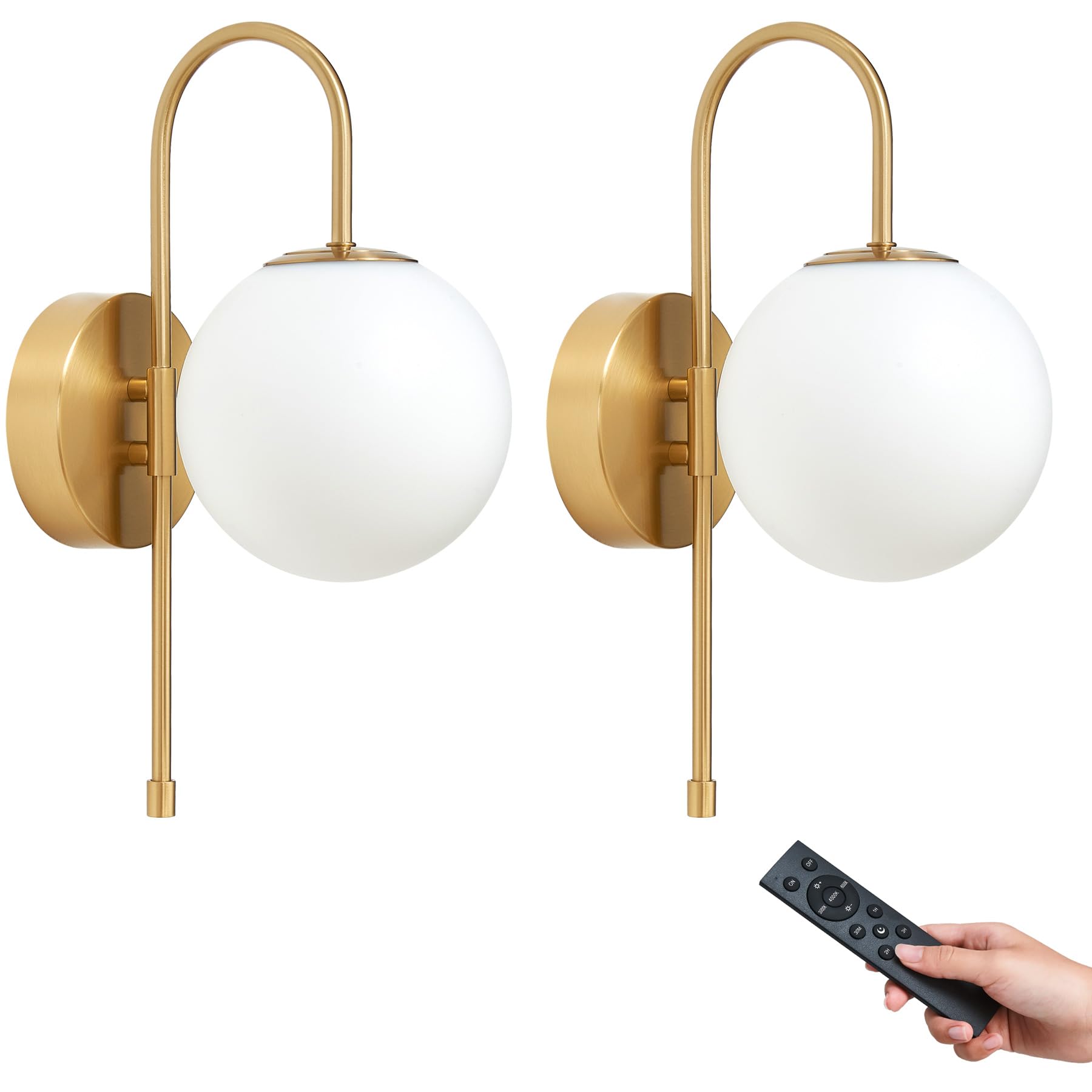 MSTETO Battery Operated Gooseneck Wall Sconces Set of 2, Glass Globe Wireless Lights with Remote & Touch, Rechargeable Brushed Gold Sconce, 3 Color