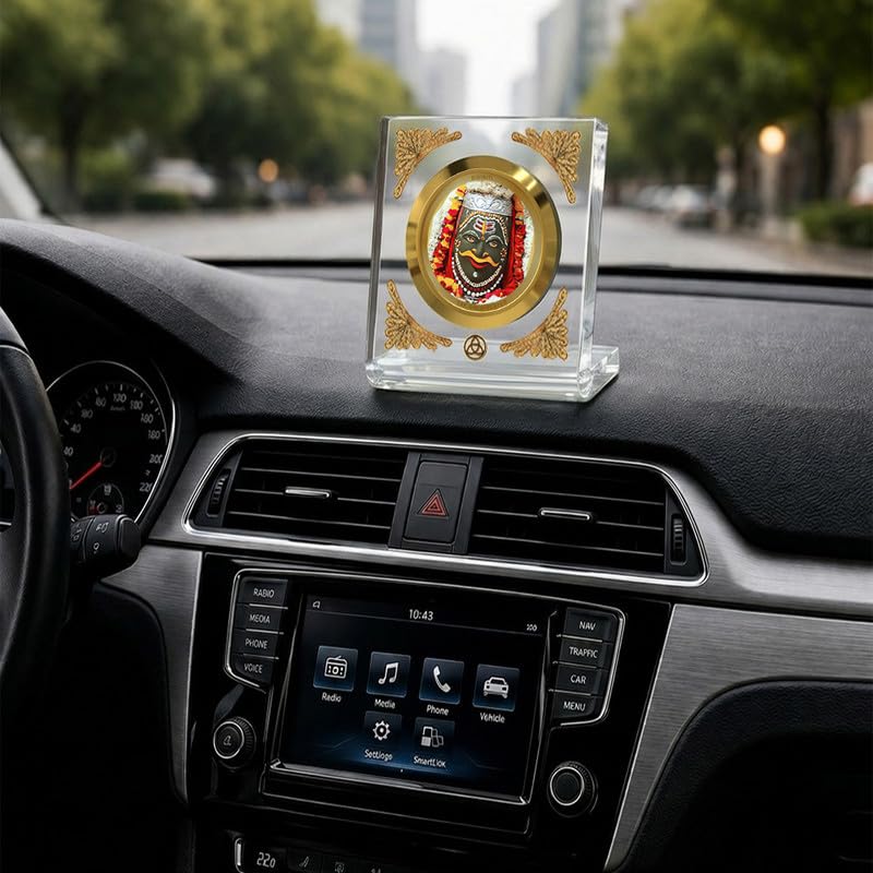 Image of DIVINITI 24K Gold Plated Lord Mahakaleshwar Acrylic Frame for Car Dashboard, Home Temple & Office Table | Premium Spiritual Gift, Blessings for Protection & Positivity, 8x7 cm Decorative Showpiece