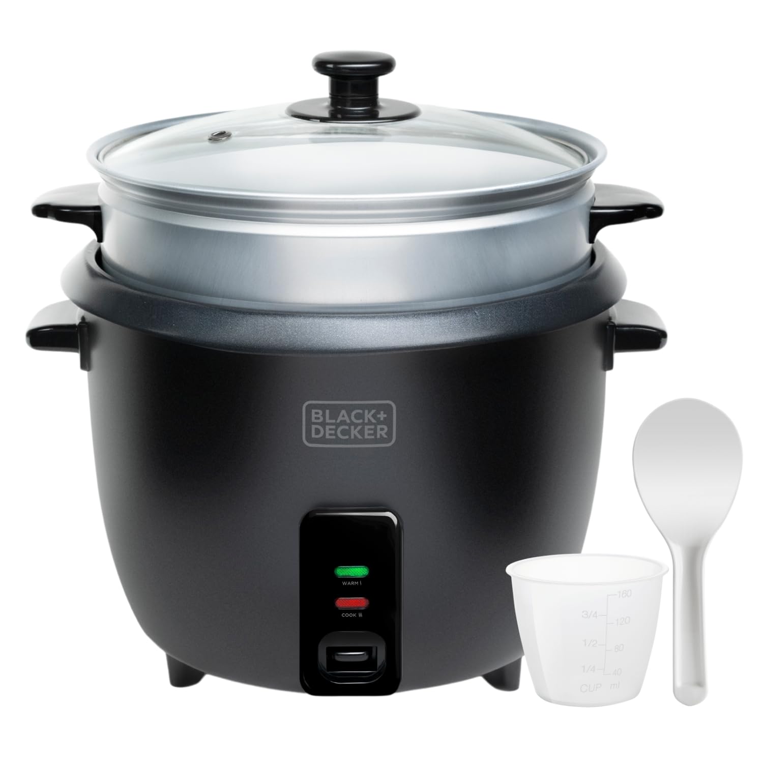 BLACK+DECKER - Cuiseur à riz BXRC1800E 700 W | 1,8 L (jusqu'à 7 portions) | Cuisson et maintien au chaud | Revêtement antiadhésif | Verre doseur et spatule | Compatible lave-vaisselle | Noir