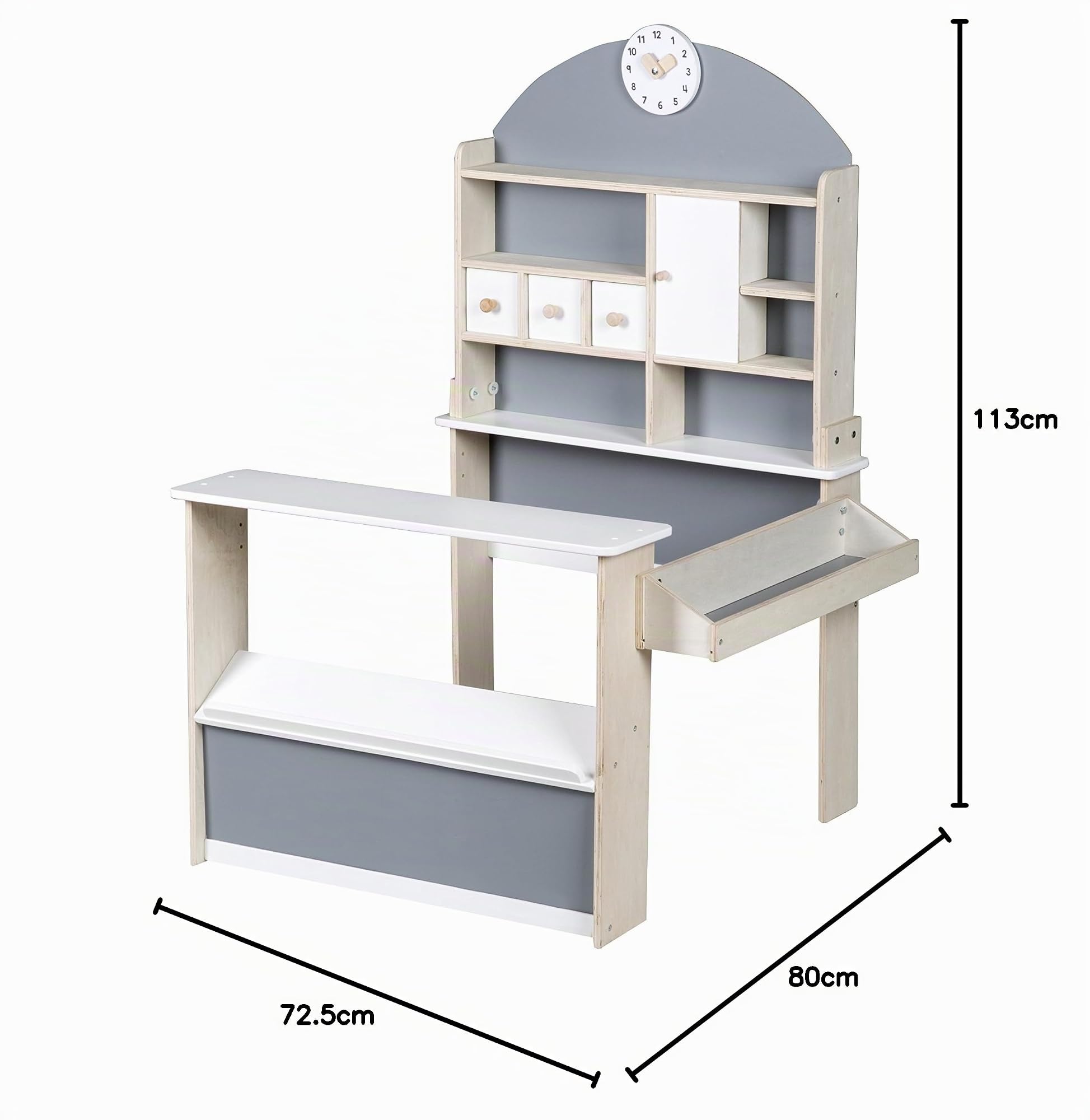 roba Negozio Giocattolo per Bambini in Legno - con Mensole e 3 Cassetti - Accessori Inclusi - Stand di Vendita a 2 Piani di Lavoro e Orologio - Legno Laccato Bianco/Grigio