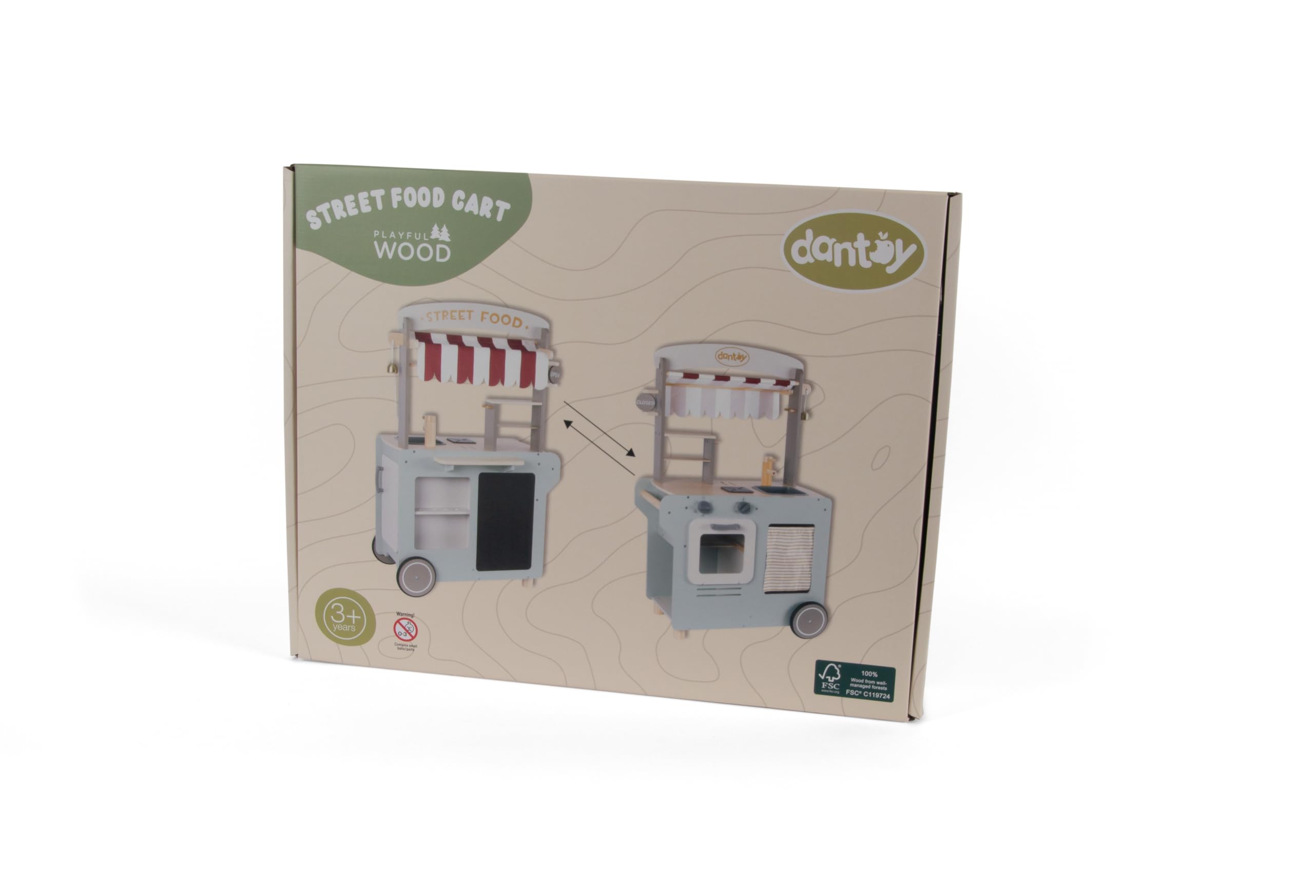 Dantoy Street Food Wagen Holz Imbisswagen Playful Wood mit Rollen Streifenrollo Ofen Waschbecken Kochplatte für Kinderküchen und fantasievollen Spielen