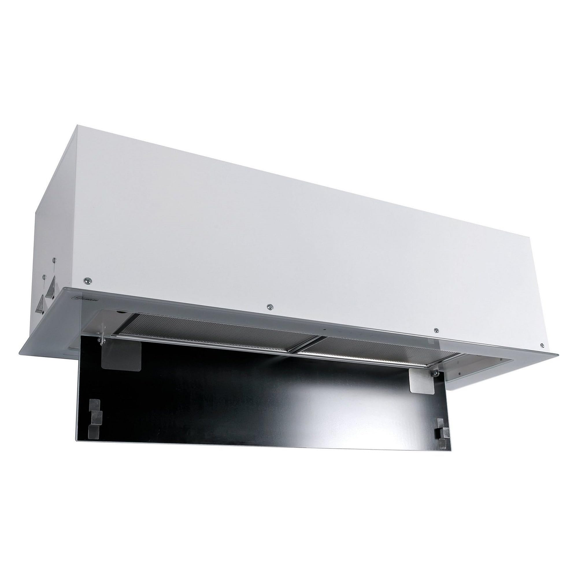 Gurari Cappa aspirante da incasso 217, in pietra ventilata, cappa da soffitto 70 cm, telaio e pannello frontale in vetro bianco, 3 livelli, 1000 m³/h, LED, 6 Watt, telecomando