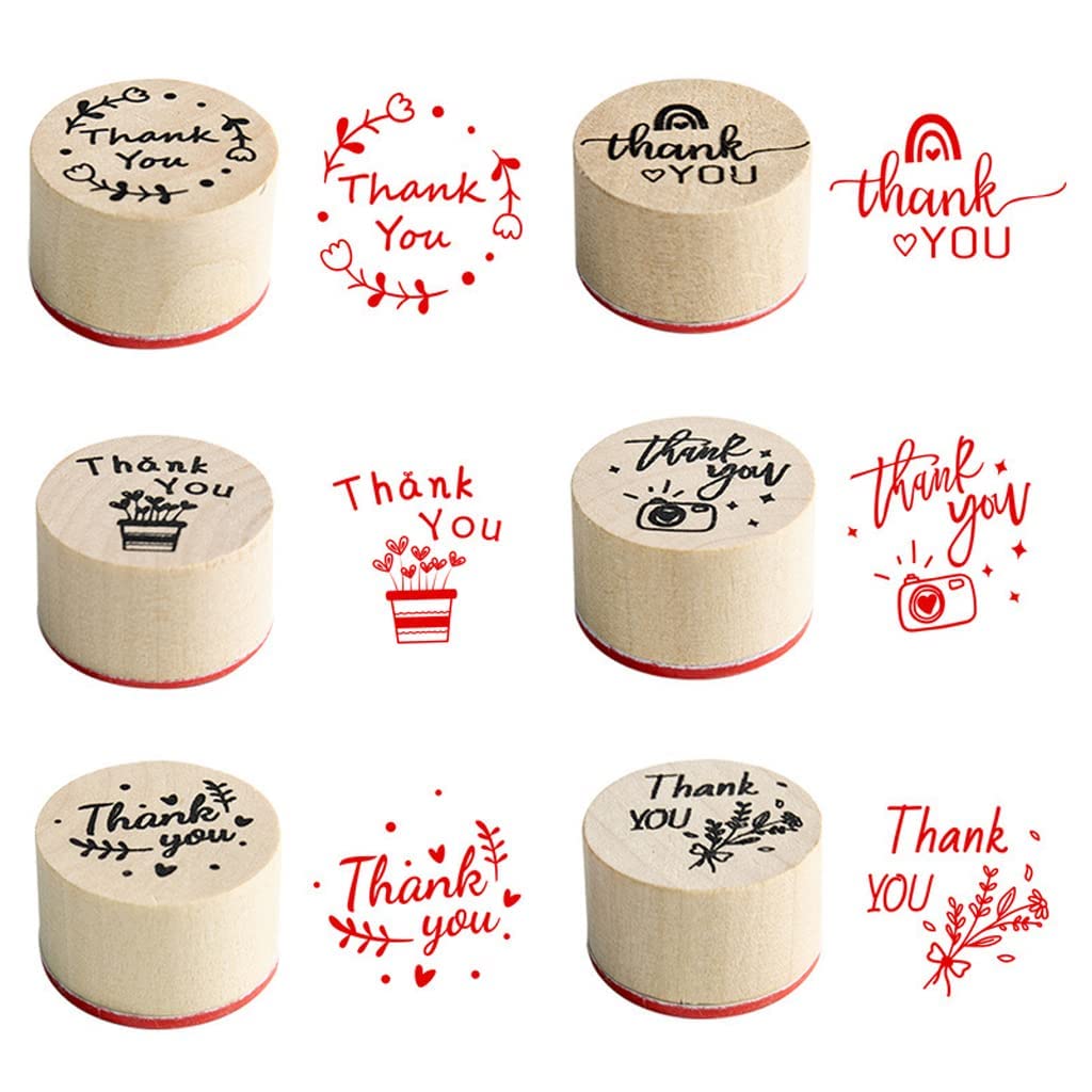 Wooden Stamps, 6 Pcs Set Round Spring Wooden Pattern Rubber Stamps for Card Making Thank You Pattern Rubber Stamp for DIY Craft Card and Scrapbooking Making Supplies (Thankyou Stamps)