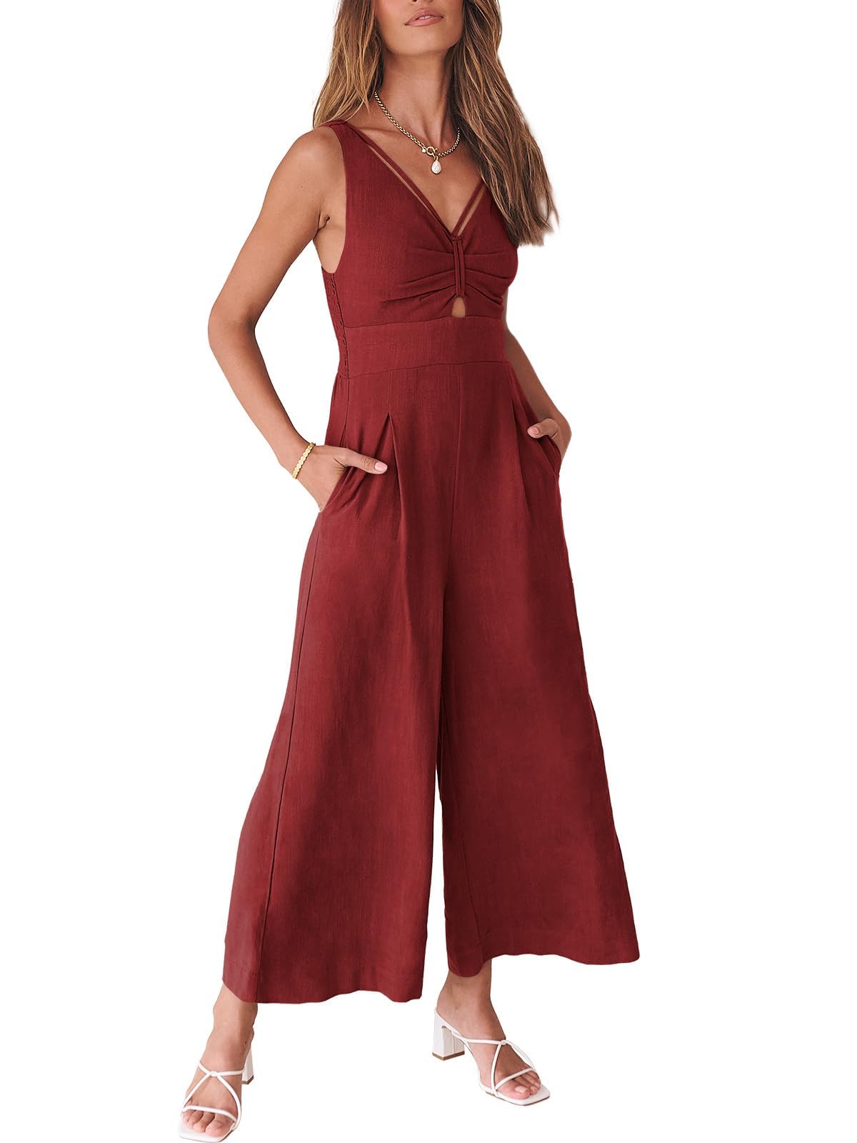 ANRABESS Womens Jumpsuits Summer Linen Wide Leg Sleeveless V Neck Casual Dressy Rompers Pants 2026 Spring Vacation Outfits