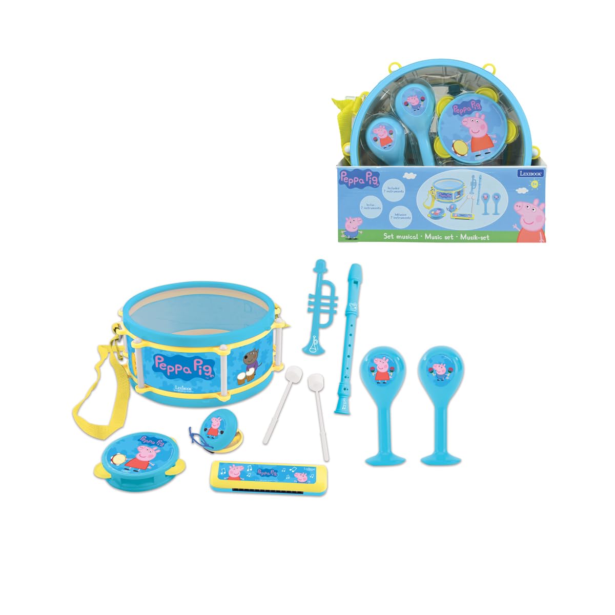 LEXIBOOK Peppa Pig Georges Musical Toy, Set of 7 music instruments (Drum, Maracas, Castanet, Harmonica, Recorder, Trumpet, Tambourine), Convenient game to carry, Blue/Yellow, K360PPLXB