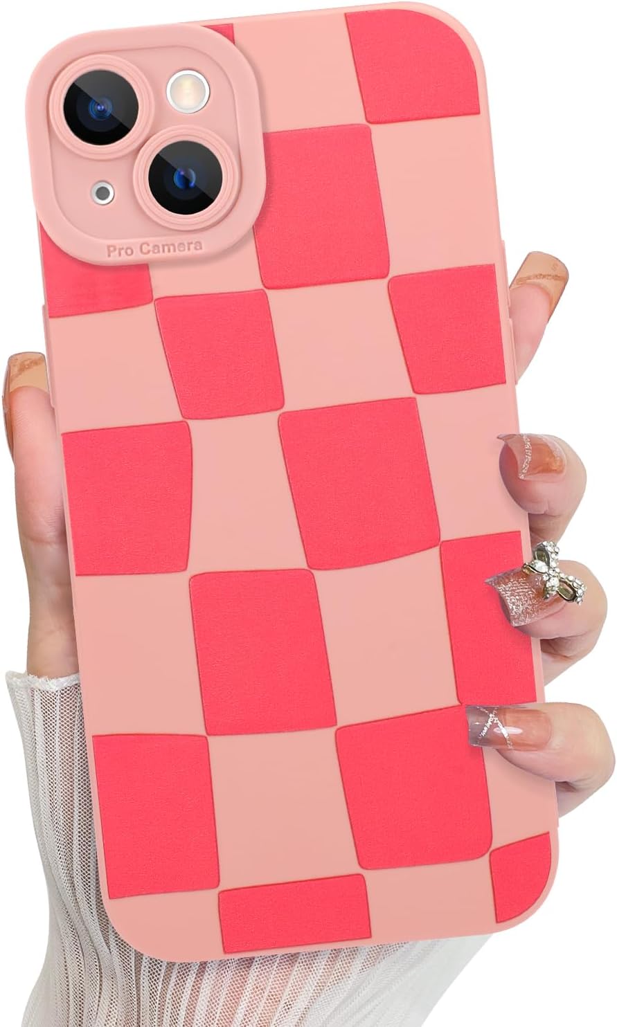 KANGHAR Compatible with iPhone 15 Plus Case, Silicone Checkered Cute Pattern, Camera Protection Soft Slim Phone Case for Girls Women -Pink iPhone 15 Plus Pink