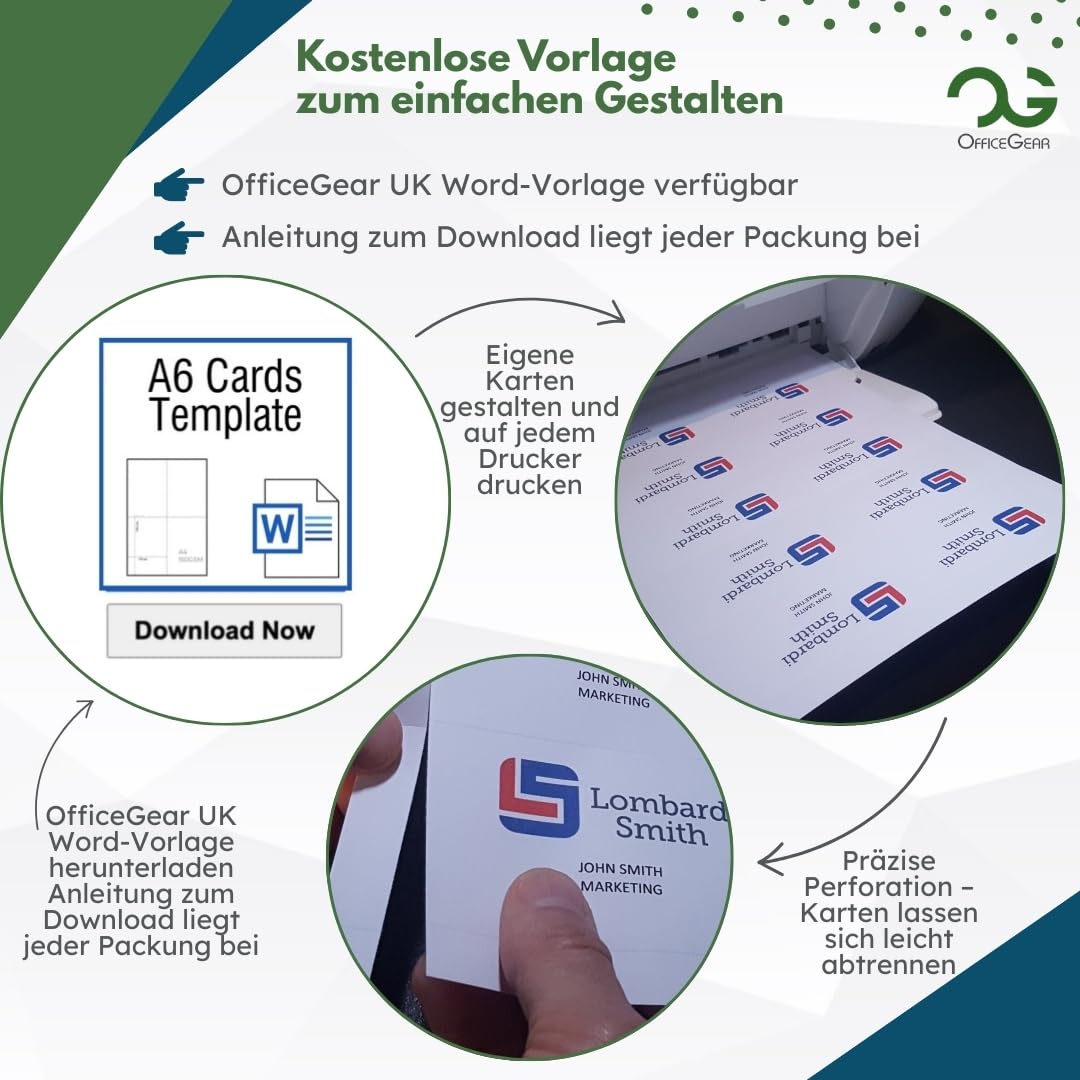 OfficeGear A6-Postkarten [65 Blatt, 260 Stück] – Perforierte, bedruckbare Karten für Lernen, Flyer, Menü, Notizen – 105 × 148 mm – Weiß, A4, 150 g/m² – inkl. Designvorlage