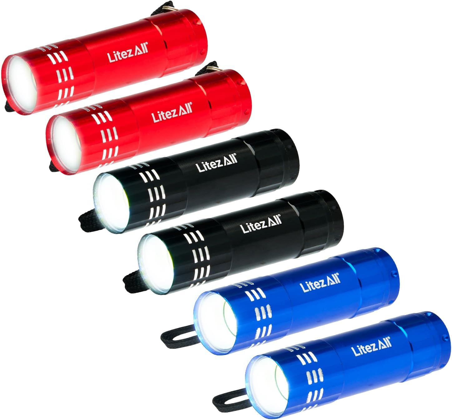 LitezAll Small Flashlights 6 Pack – Bright Small Flashlight, LED Flashlights, Pocket Size, Battery Powered (Black, Red, Blue)