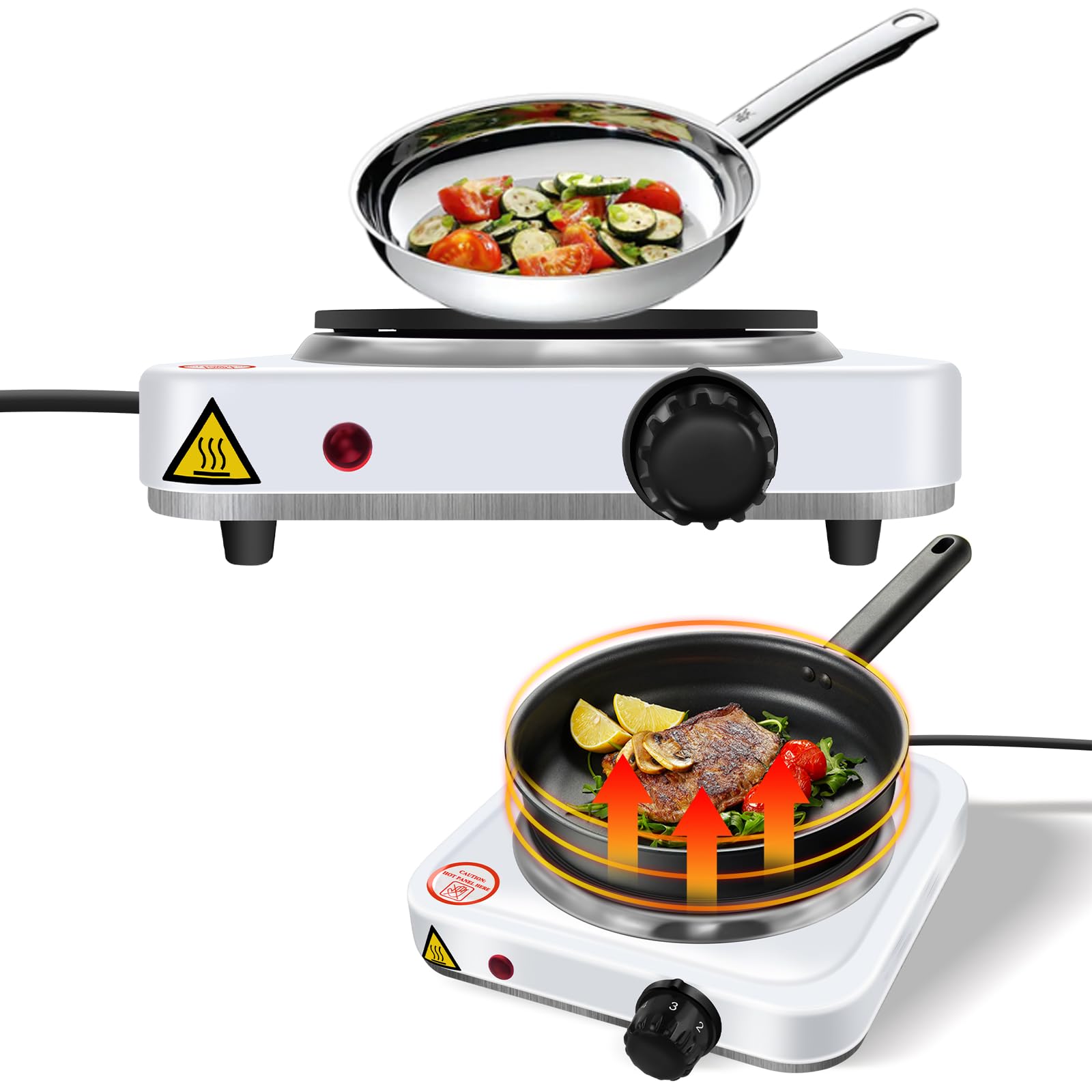 Single Hot Plate Electric Hob Portable, 1000W Kitchen Table Top Cooker Double Camping Hob Infrared Cooktop, Durable Cast Iron Heating Element, Variable Temperature Setting, White