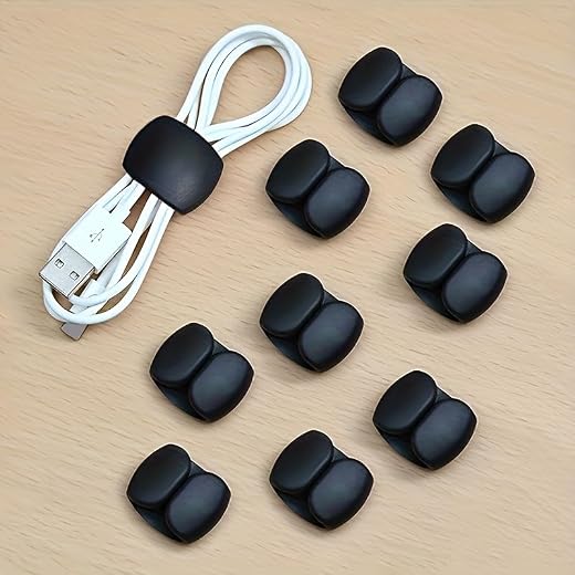 Black Set of 8 Versatile Cable Management Clips, Ideal for Keeping Charging Cables and Headphone Wires Tidy - Made from Sturdy Plastic, Designed to Prevent Tangling