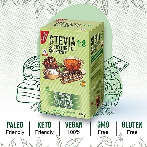 Słodzik Stewia + Erytrytol 1:8 | 504 saszetki po 1g | Zamiennik cukru 100% naturalny - 0 Kalorii - 0 Indeks Glikemiczny - Keto i Paleo - 0 Węglowodanów Netto - Bez GMO - Castello since 1907-504 g