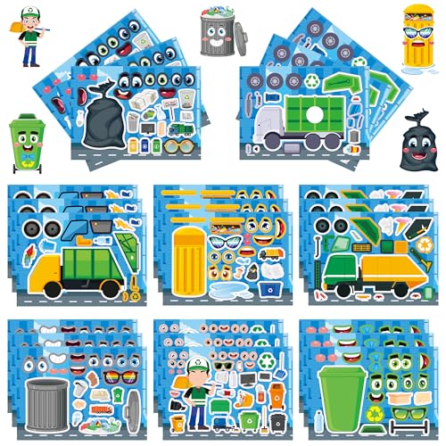 Conzon 24PCS Make Your Own Garbage Truck Stickers, Garbage Theme Mix and Match Sticker Party Games, Trash Truck Make a Face Stickers DIY Crafts for Party Supplies Classroom Rewards Birthday Gifts