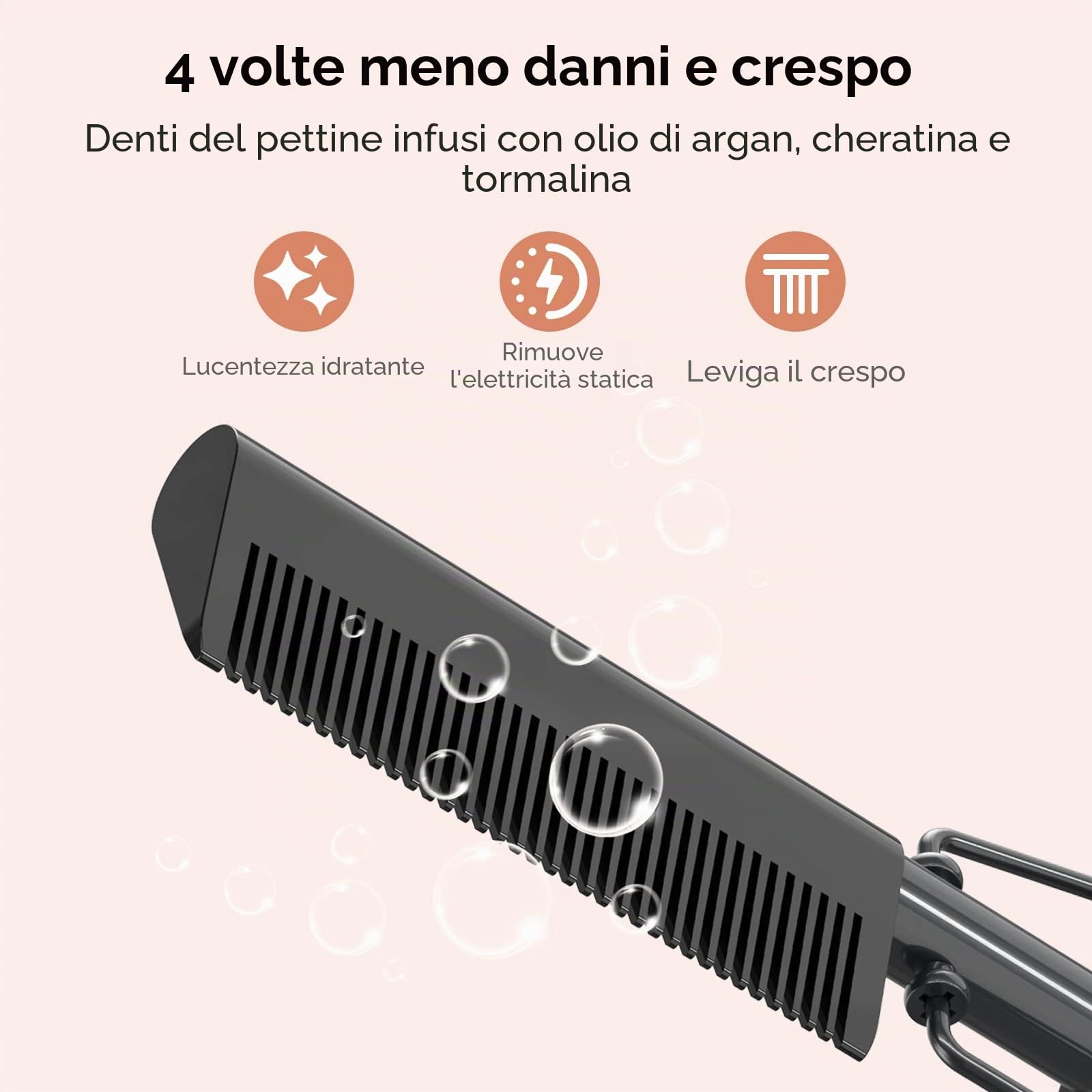 Pettine Elettrico per Parrucche, Afro Capelli e Barba, Pettine Lisciante Antiscottatura con Denti Infusi di Cheratina e Olio di Argan, Temperature Regolabili, Spegnimento Automatico