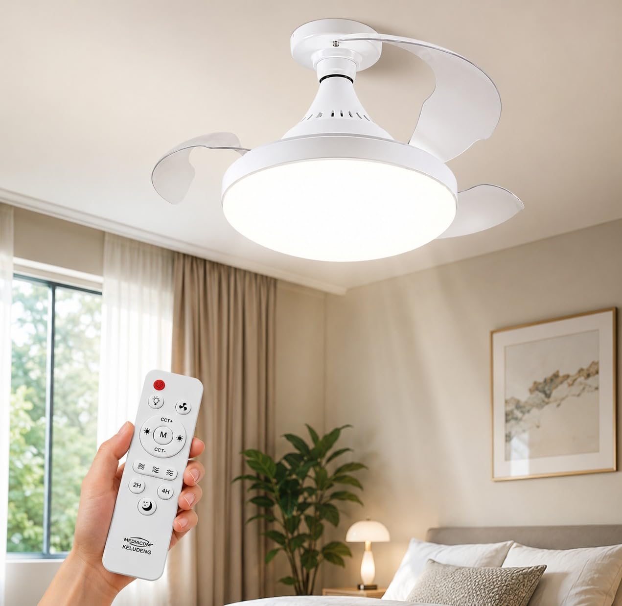Partenopea Ventilatore da Soffitto con Luce LED E27 Pale Retrattili Telecomando Dimmerabile 3 Temperature Colore 4 Velocità Ventola Lampada Soffitto Silenziosa Attacco E27 per Camera Cucina Studio