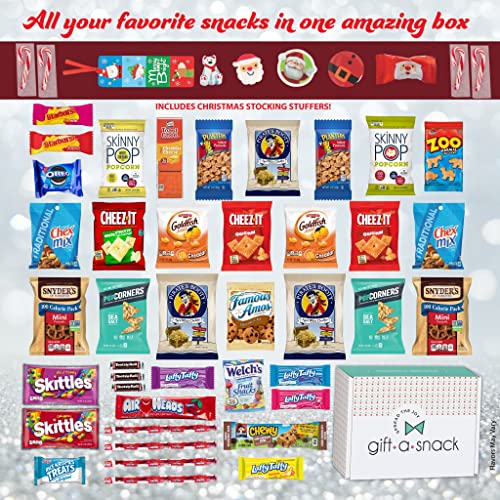 Image of Gift A Snack - Christmas Candy Stocking Stuffers, Pre-filled Holiday Snack Box Care Package + Greeting Card (50 Count) Sweet Treats Gift Basket, Candies Chips Office Food Assortments