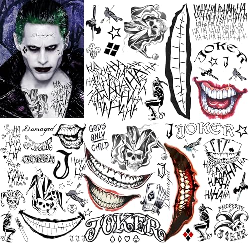 5 Sheets 3D Joker Tattoos Hand Halloween Makeup Kit Prison Ghost Clown Damaged Joker Face Tattoo For Men Women Adults Scary Prisoner Fake Temporary Tattoo Stickers Halloween Accessory Costume