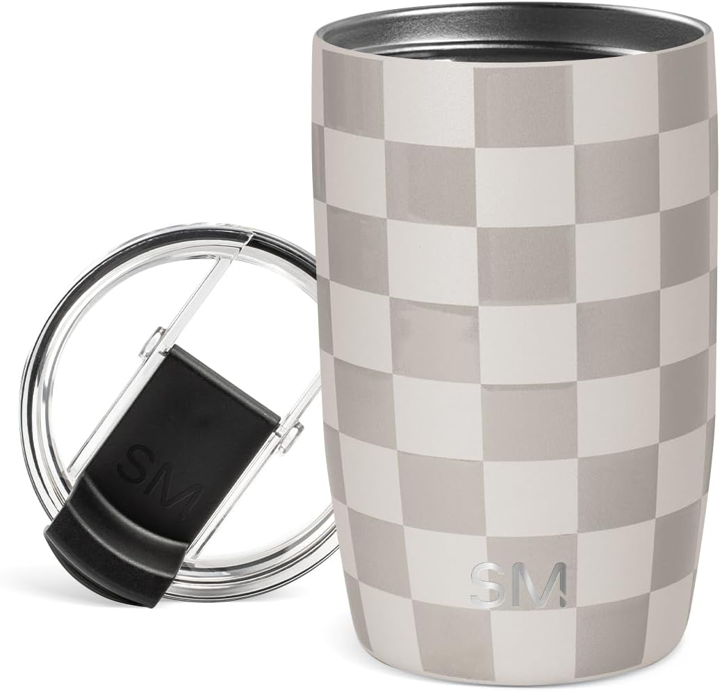 Taza de café de viaje moderna simple con tapa | 12 oz | A cuadros | Taza de café Voyager, vaso de café para bebidas calientes y heladas | Taza de viaje de acero inoxidable aislante | Jaque mate