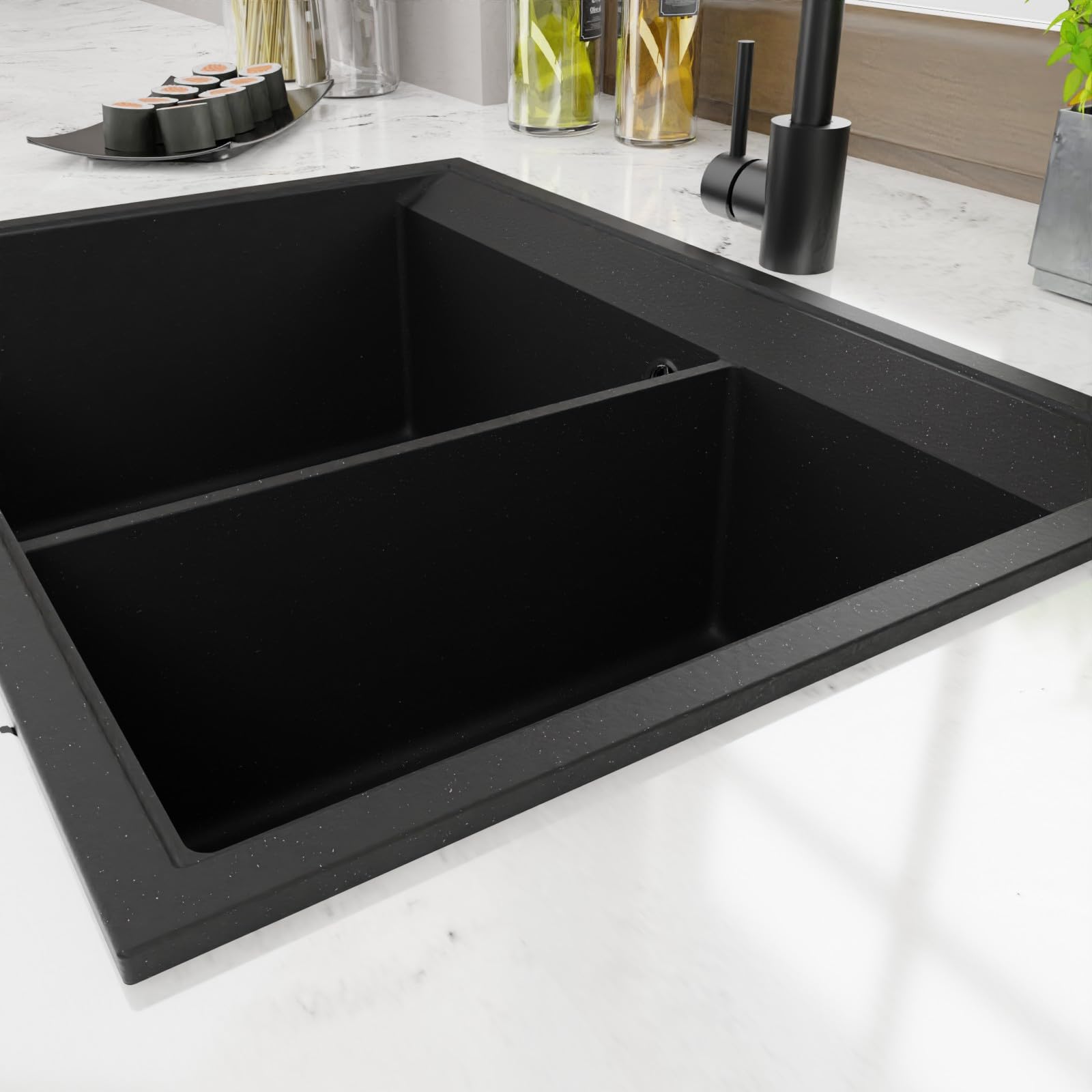 Évier de cuisine double en granit encastrable - 2 à 1,5 cm - Cadre 2,5 cm - Gris