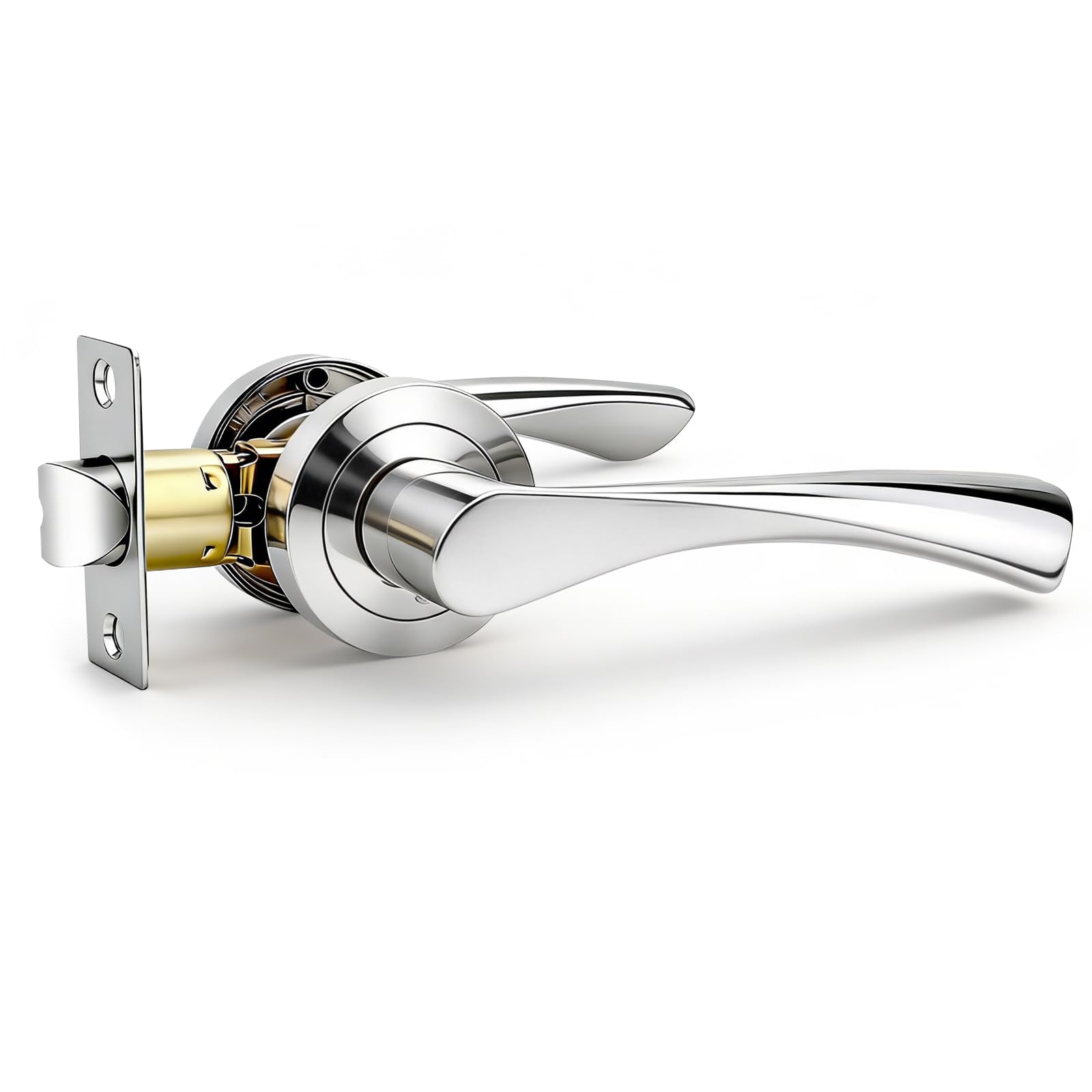Pinlin Polished Chrome Warped Lever On Rose Door Handles, Door Lever with Adjustable Mortice Latch, Ideal for Internal Wooden Doors for Home and Office