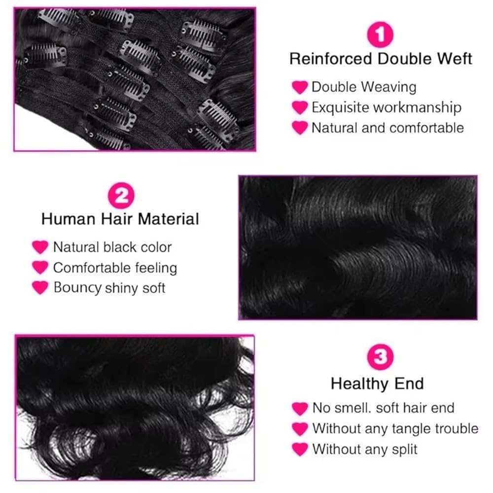 Body Wave Clip Ins przedłużki z prawdziwych włosów, falowane, na całą głowę, dla czarnoskórych kobiet, naturalne, prawdziwe włosy Remy, grube końcówki, 120 g, 35,6-66 cm