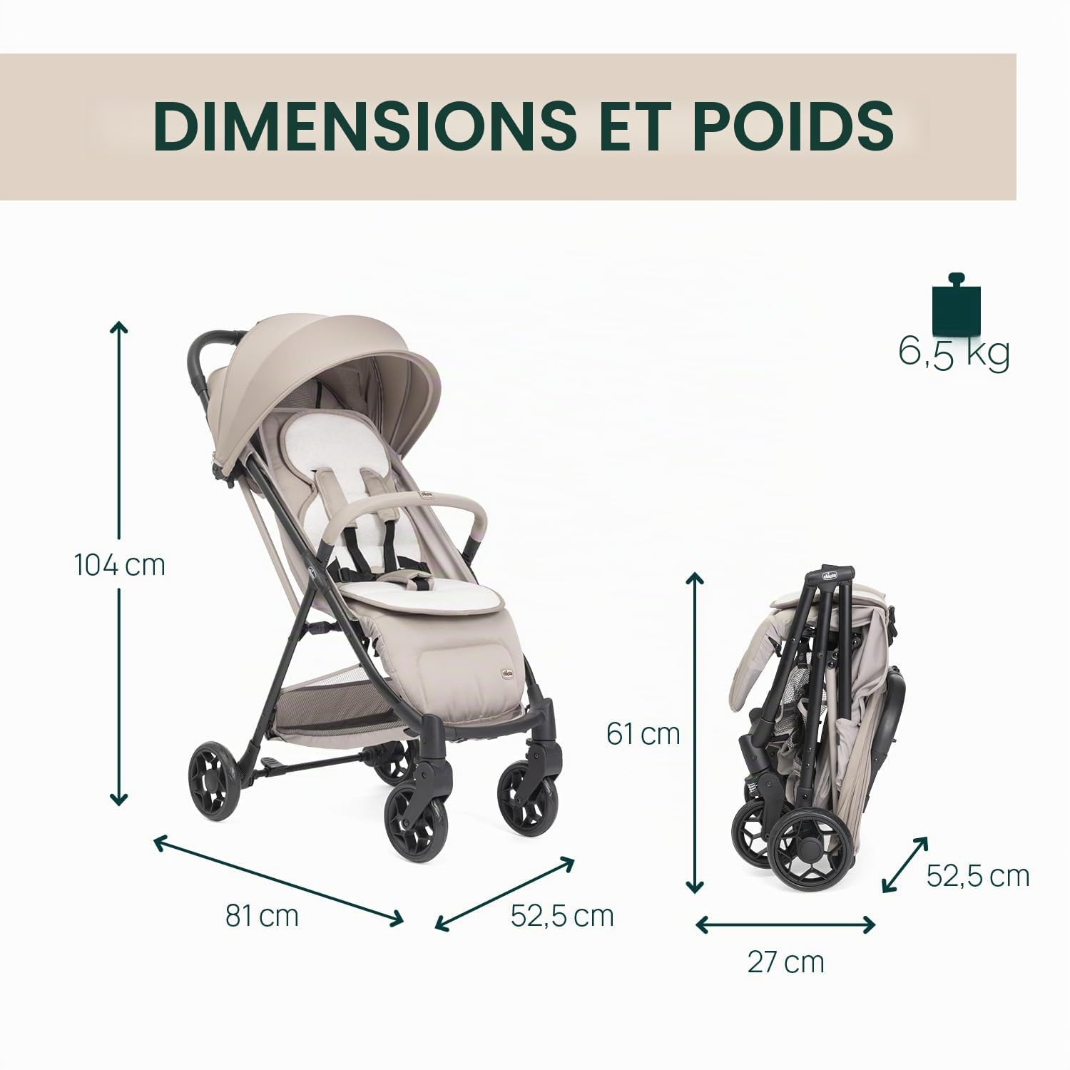 Chicco Poussette Canne Taormina, 0+ Mois - 22 Kg, Poussette Bebe Légere et Compacte, Confortable, Pliage d'une seule main, Capote Extensible avec Protection Contre la Pluie UV50+, Repose-Jambes, Beige