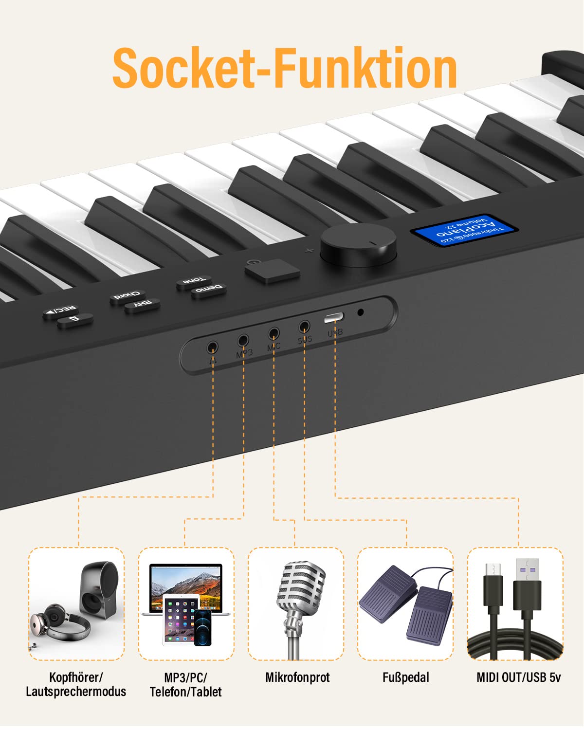 Faltbares Klavier mit 88 Tasten Piano Full Size Semi Weighted, Faltbares Klaviertastatur mit MIDI Bluetooth, Klaviertasche, Piano Keyboard für Anfänger Geschenk