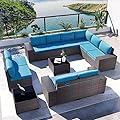 Kullavik Outdoor Patio Furniture Set 12 Pieces Sectional Rattan Sofa Set Brown PE Rattan Wicker Patio Conversation Set with 10 Blue Seat Cushions and 2 Tempered Glass Table