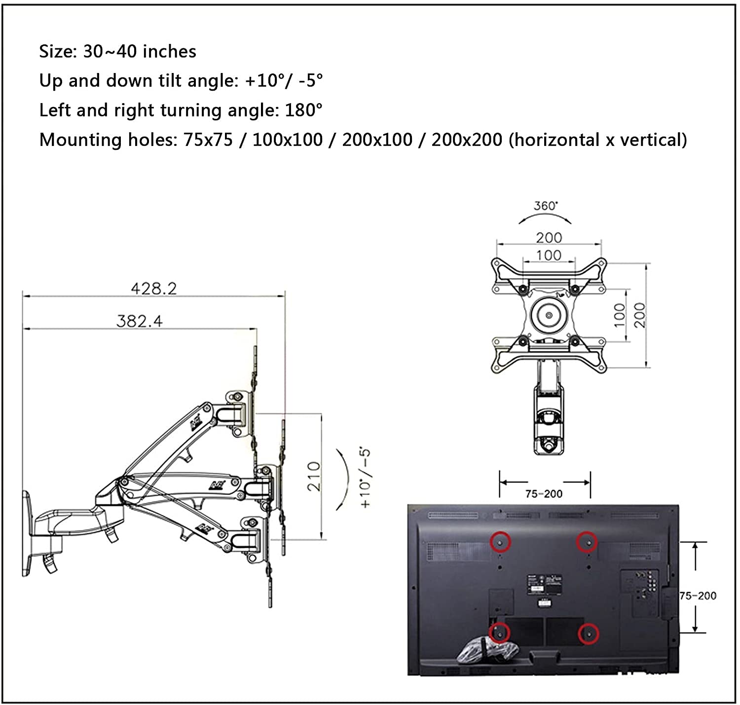 Soporte de pared para TV, inclinación giratoria y soporte de extensión para televisores LCD de 30 a 40 pulgadas, diseño de elevación y elevación, fácil instalación y ajuste