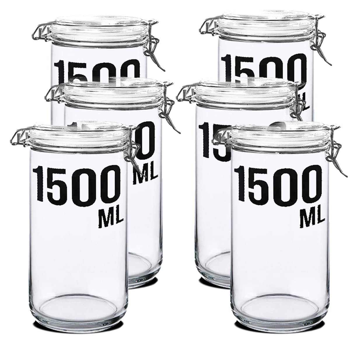 Juego de 6 Tarros Herméticos con Tapa abatible, Recipiente hermético Transparente, Tarro de Almacenamiento de Alimentos de Vidrio, Capacidad 1500 ml - Diámetro 10 x Altura 25.2 cm