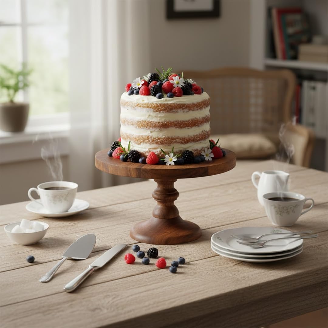 SAAGA Round Birch Wooden Cake Stand | 9 x 5.5 Inch Dessert & Pizza Serving Platter | Premium Tabletop Display Stand – Brown