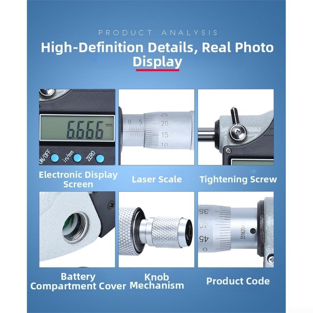 Micrómetro electrónico con pantalla digital de 0.001 mm de pulgada mm, conversión resistente al desgaste, caras de carburo, escala mecánica, respaldo plateado (50-75 mm)