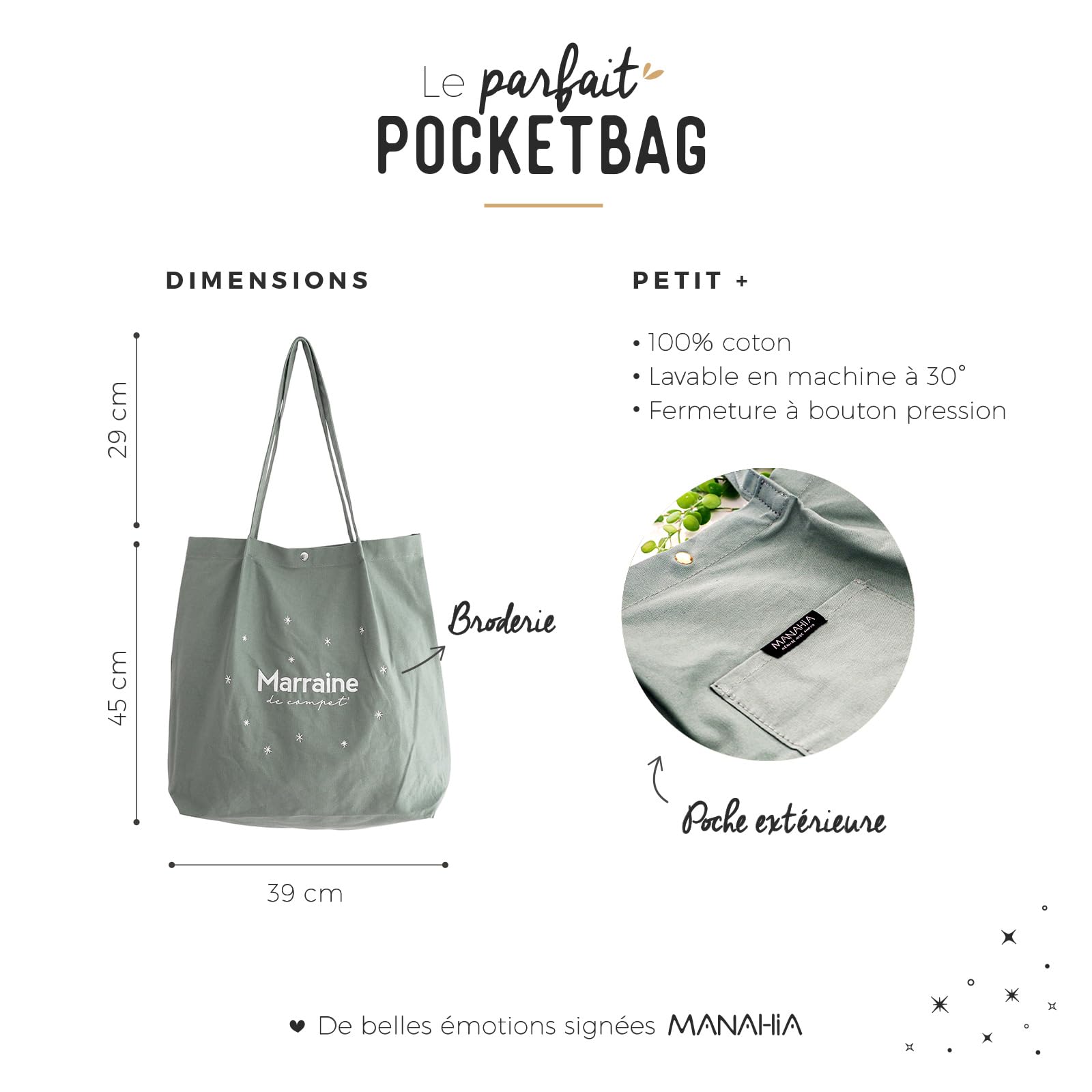 Manahia - Tote bag brodé Marraine de compet' - Sac Cadeau Marraine | Sac cabas broderie femme - Vert pastel - Avec poche - Cadeau personnalisé future marraine Noël & Anniversaire