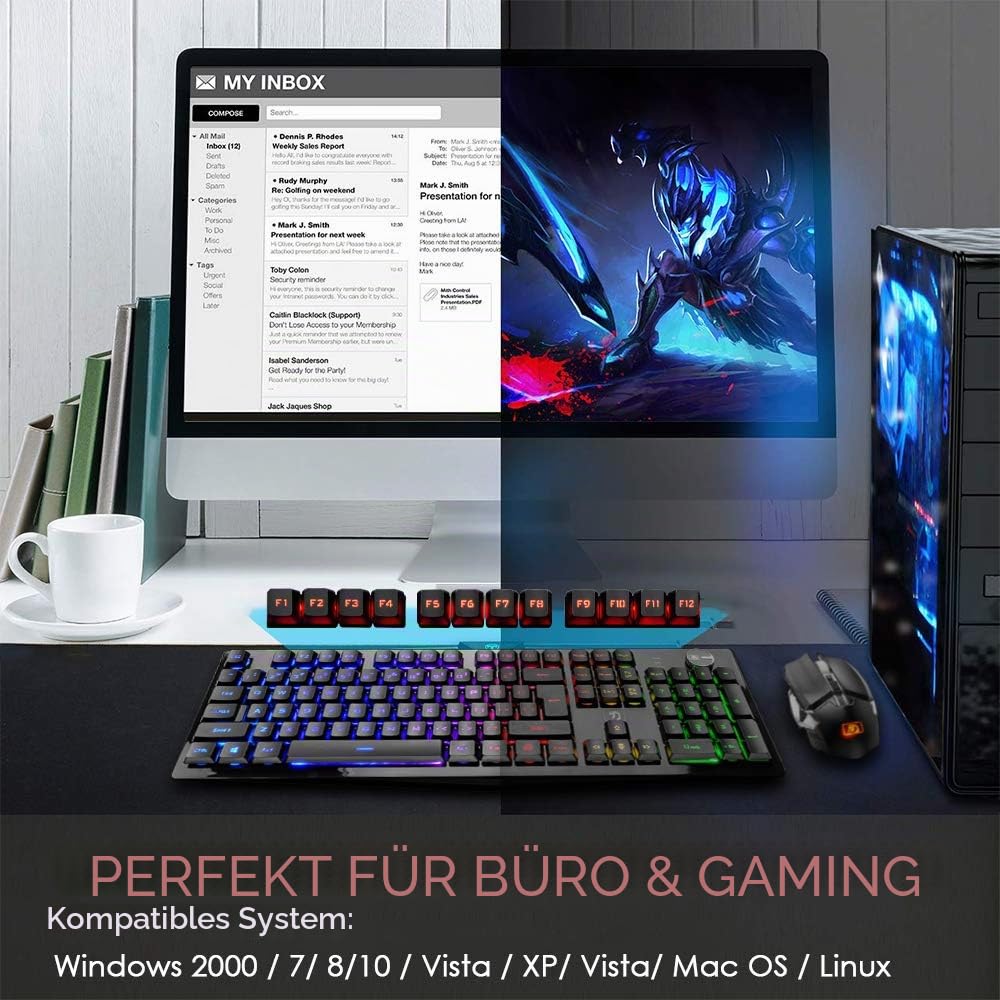 FELiCON Kombi-Sets für drahtlose Tastatur und Maus, 4800mAh, 16 Arten von wiederaufladbaren RGB-LED-Gaming-Tastaturen mit Knopfsteuerung und ergonomischer 7-Farben-LED-Hintergrundbeleuchtung