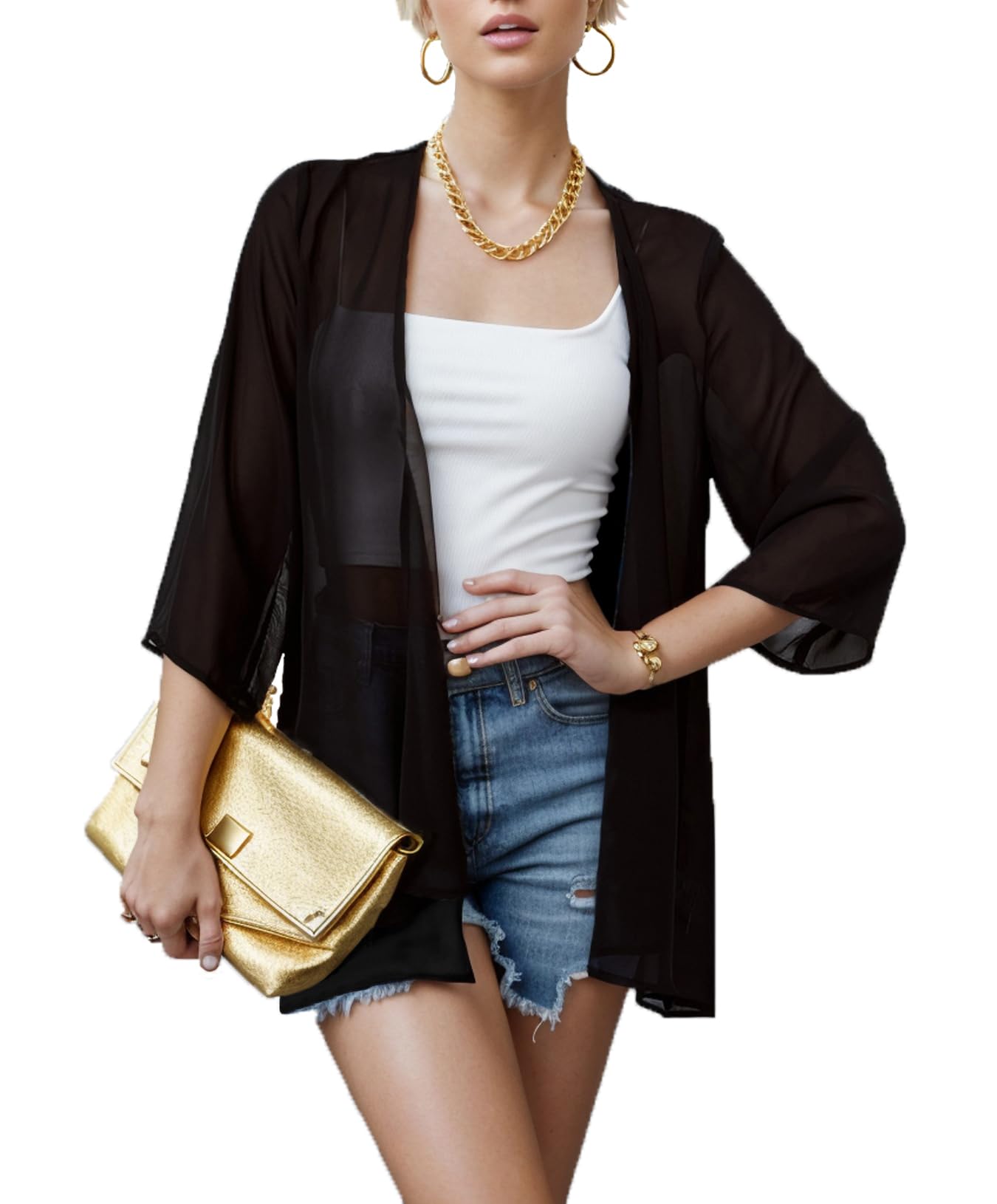 Cardigan kimono en mousseline transparente pour femme ouvert sur le devant - Capes châle