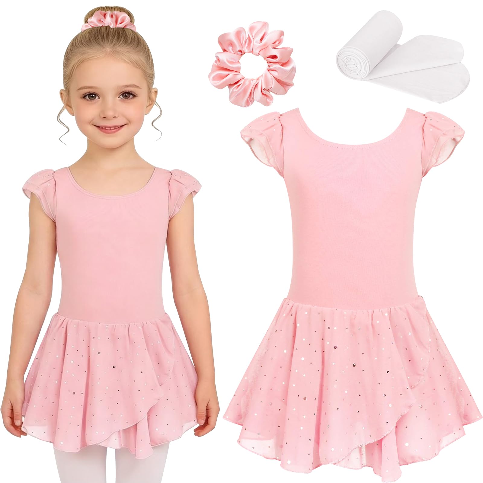 Justaucorps Danse Fille, Ensemble Ballet avec Tutu à Paillettes, Chouchou & Collants Blancs, Tenue Danse Classique Enfant pour Cours de Ballet 4–9 Ans