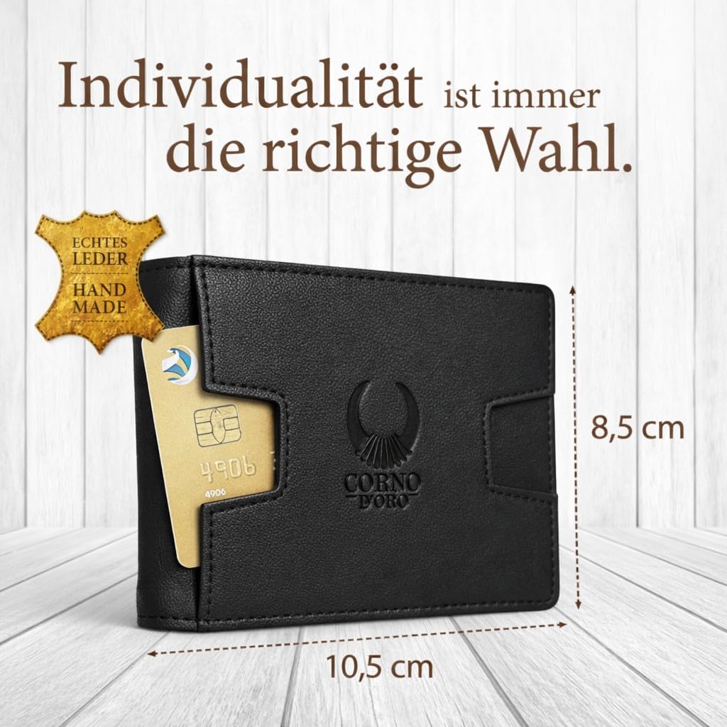 Corno d´Oro Handmade Men's Leather Wallet with Money Clip, Mini Slim Wallet with RFID Protection, Small Men's Wallet for 9 Cards without Coin Compartment in Gift Box, black, S, Minimalist image 4
