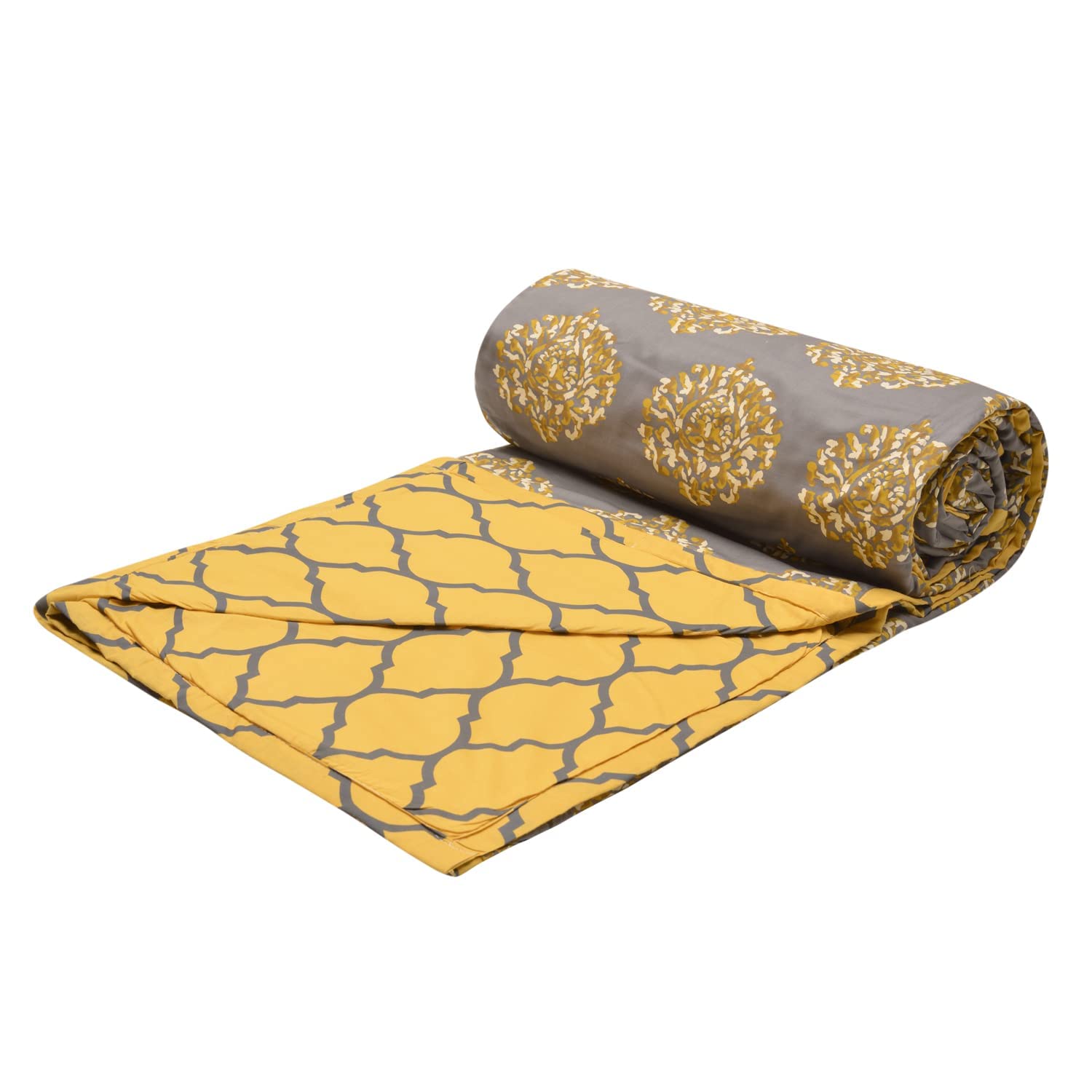 Trance Home Linen Pure Cotton Reversible Dohar Double Bed Size | AC Blanket | Soft Light-Weight Bed Blanket (84 x 88 inch, Warm Grey Mustard Damask, Pack of 1)