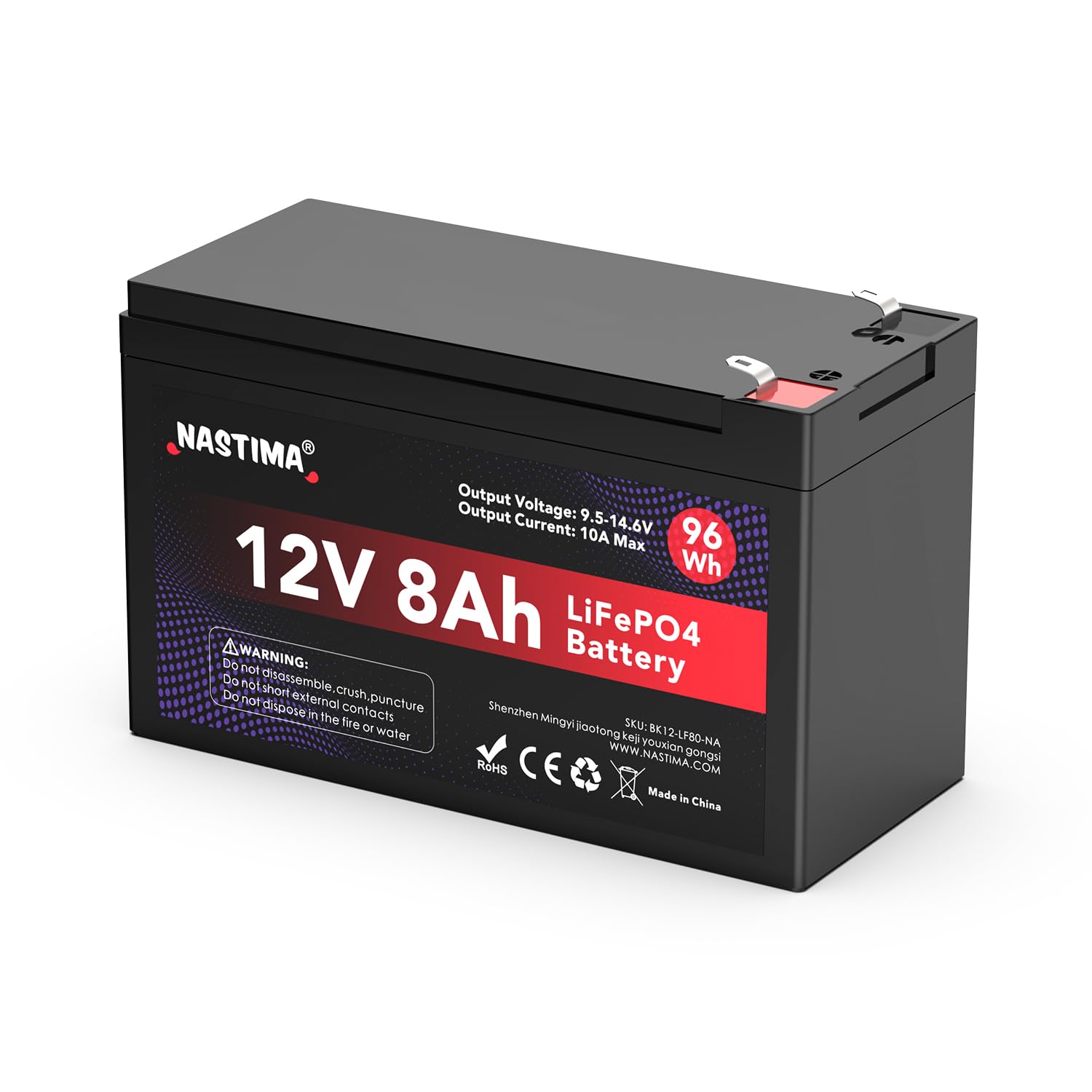 NASTIMA 12V 8Ah LiFePO4 Lithium Battery with Parallel & Series Support, Built-in BMS, 4000+ Deep Cycles for Expanded Power Needs - Perfect for Solar, Power Wheels, Trolling Motor, UPS Backup