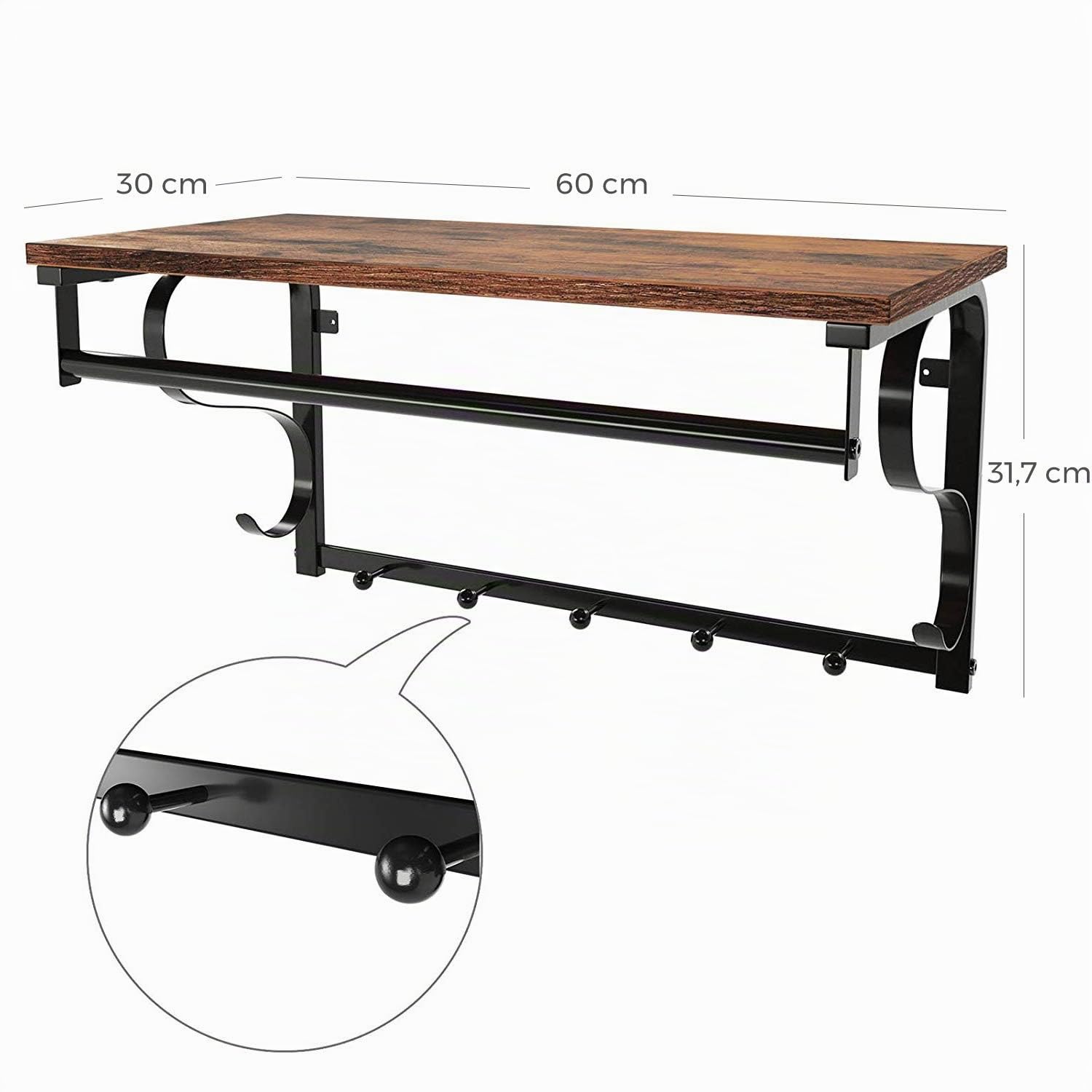VASAGLE Appendiabiti da parete industriale con ripiano a 5 ganci barra di sospensione per corridoio, bagno, soggiorno, marrone rustico e nero LCR11BX