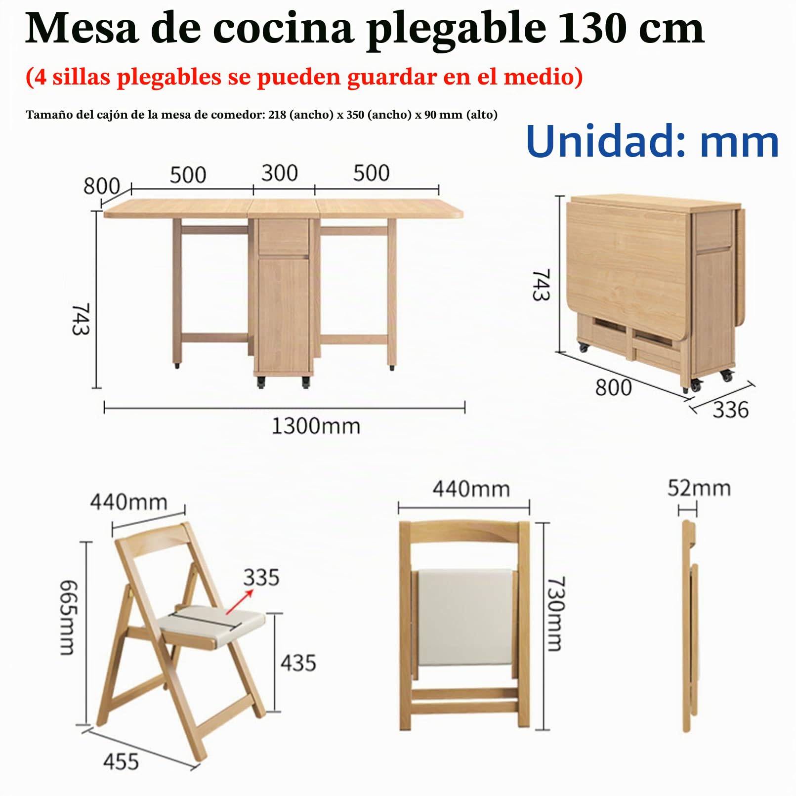 Juego de Mesa y sillas Plegables, Mesa de Comedor de Madera Maciza y sillas con 4 sillas, Mesa de Hojas de caída para Cocina Comedor Sala de Estar,Blanco