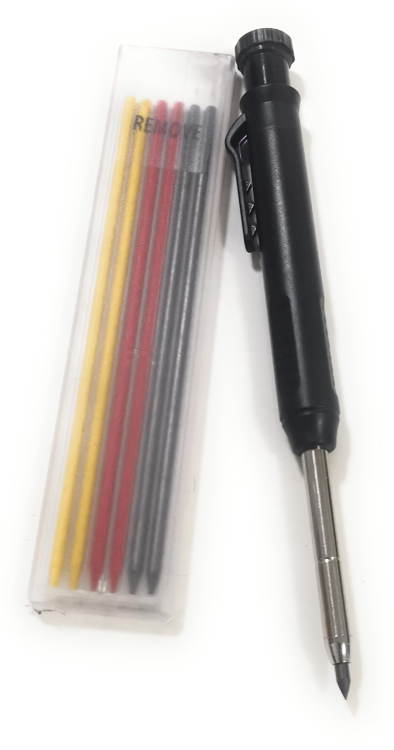 JEYEFFE Lápiz de carpintero con 7 recambios y sacapuntas integrado – Herramienta de precisión para marcar agujeros profundos en madera y superficies duras – Ideal para carpinteros y albañiles (negro)