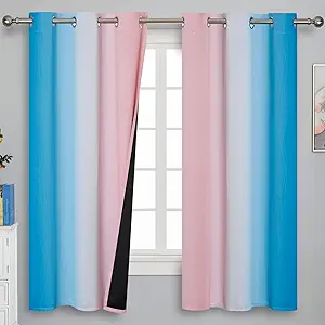 Estelar Textiler Pink and Blue Curtains 63 Inch Length 2 Panels, Ombre Total Blackout Curtains for Bedroom, Grommet Thermal Insulated Gradient Blackout Drapes for Kids Room, 42x63 Inch