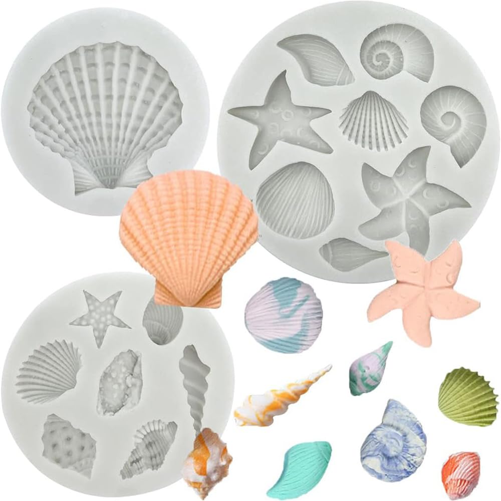 Tazweeq 3Pcs Marine Theme Cake Fondant Silicone Molds, Starfish, Conch, Seashells Chocolate Candy Baking Tools for Cookie Chocolate Candy Decoration